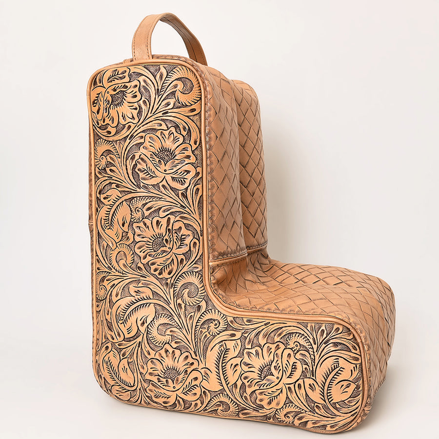American Darling Western Boot Cover Travel Case Handcrafted from Hand Tooled Genuine Leather | Floral & Basketweave Design with Carry Handle
