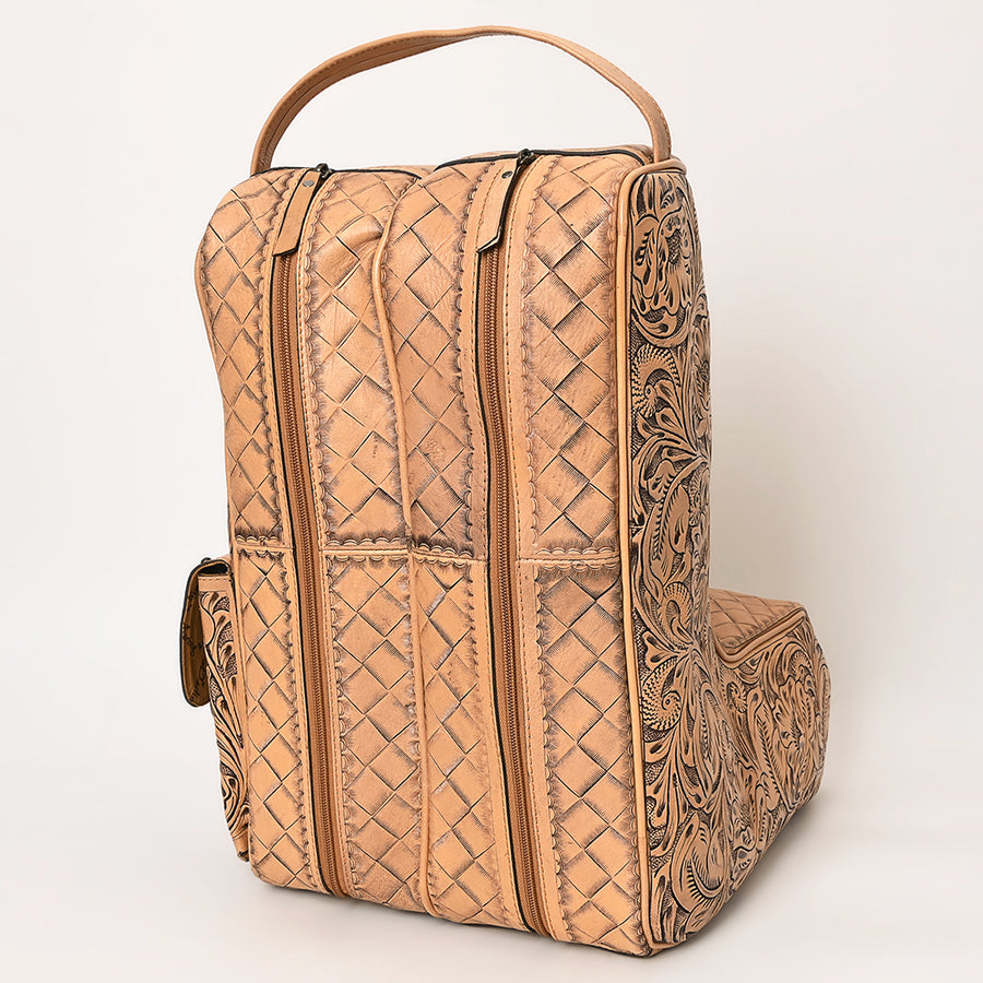 American Darling Western Boot Cover Travel Case Handcrafted from Hand Tooled Genuine Leather | Floral & Basketweave Design with Carry Handle