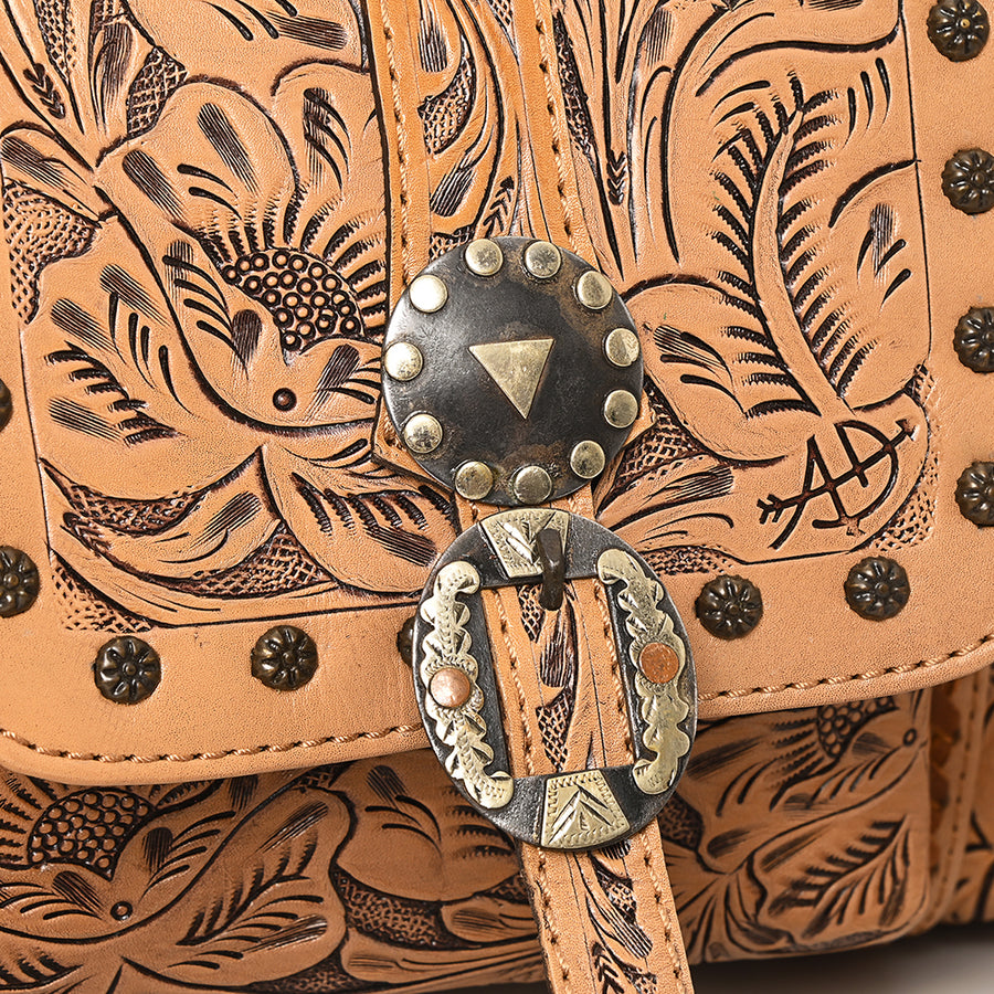 American Darling Western Travel Duffel Bag Handcrafted from Hand Tooled Genuine Leather | Floral Carved & Concho Accent Weekend Bag