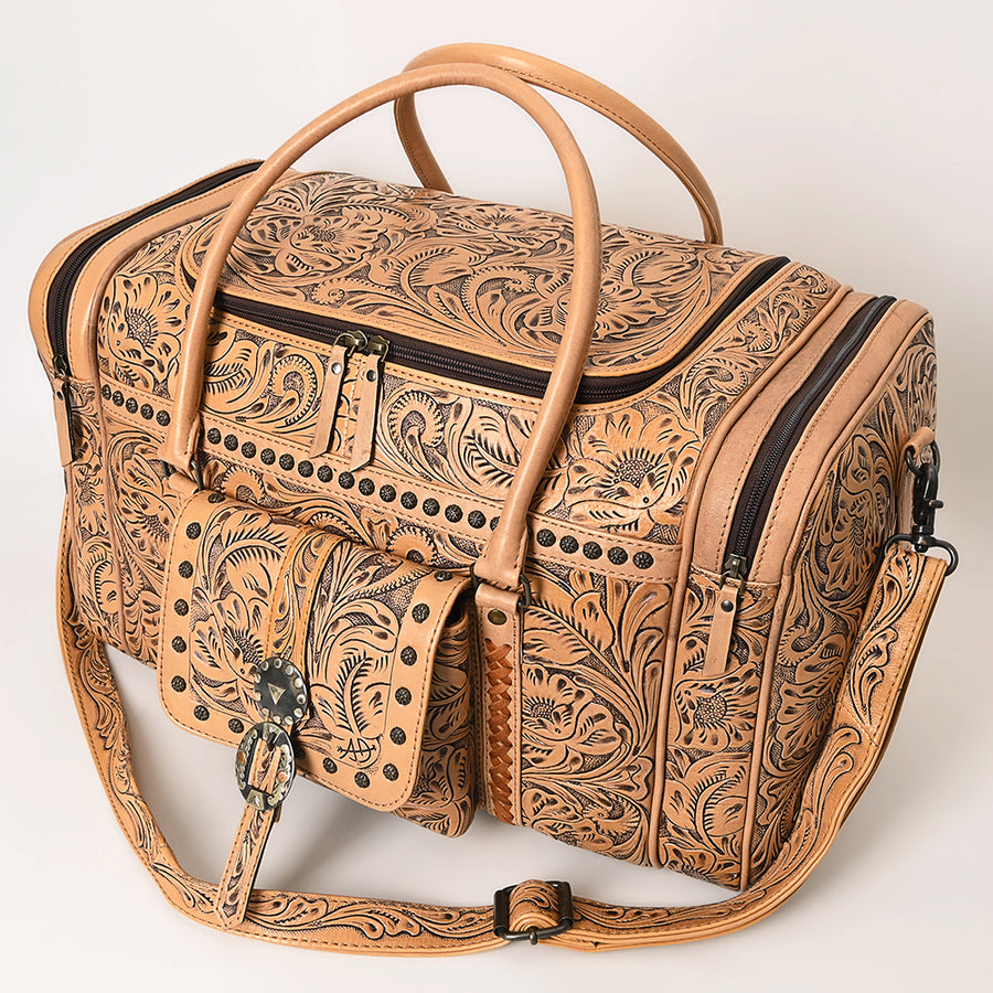 American Darling Western Travel Duffel Bag Handcrafted from Hand Tooled Genuine Leather | Floral Carved & Concho Accent Weekend Bag