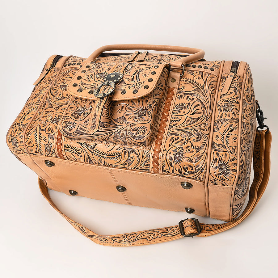 American Darling Western Travel Duffel Bag Handcrafted from Hand Tooled Genuine Leather | Floral Carved & Concho Accent Weekend Bag
