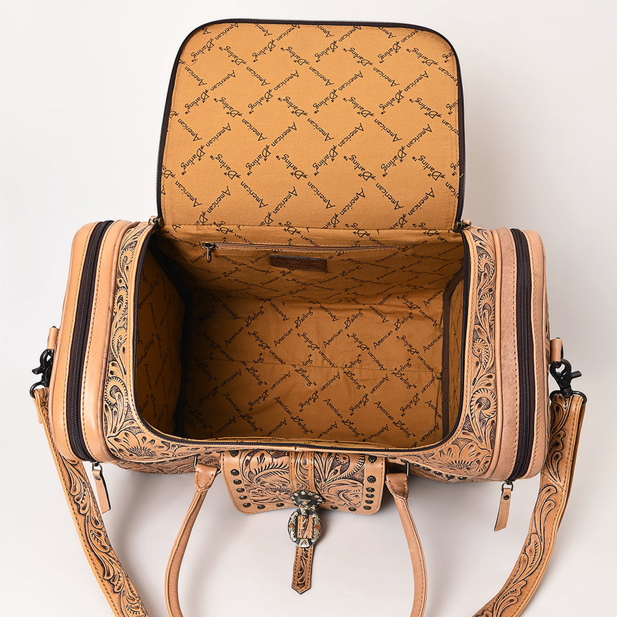American Darling Western Travel Duffel Bag Handcrafted from Hand Tooled Genuine Leather | Floral Carved & Concho Accent Weekend Bag