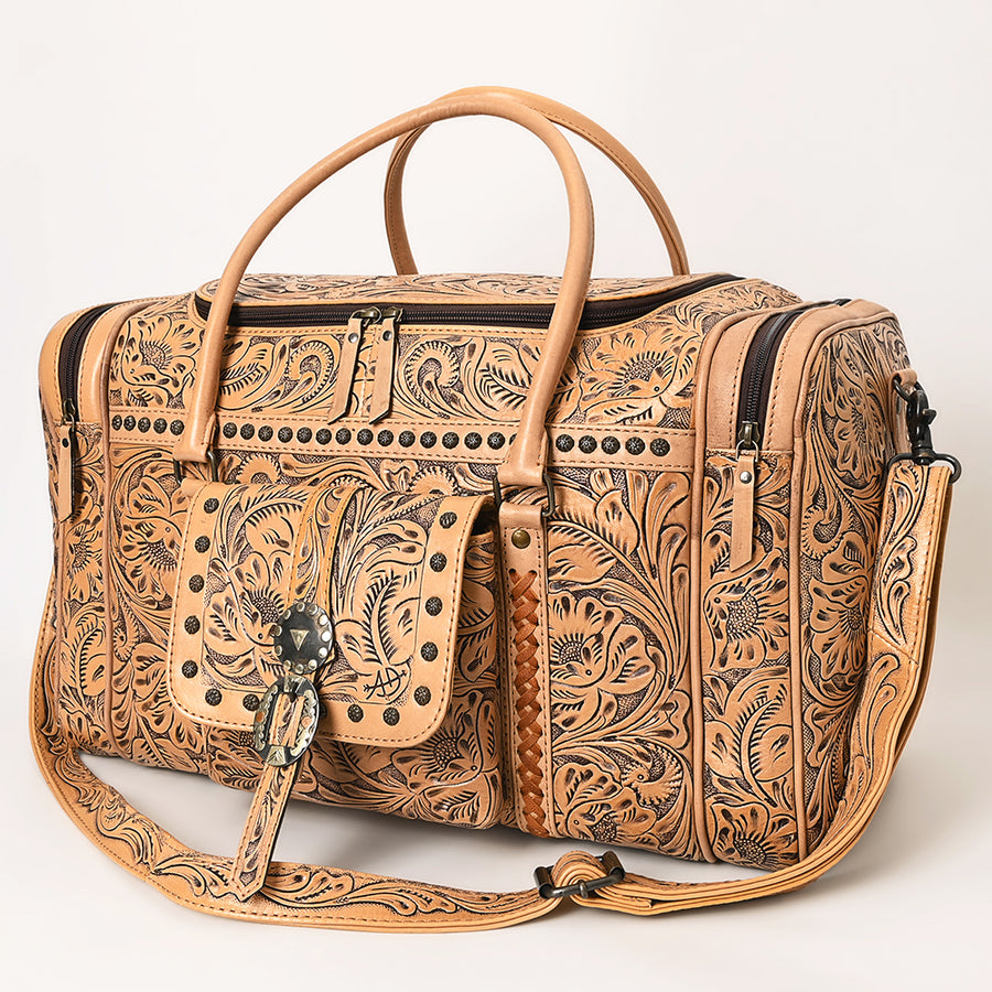 American Darling Hand Tooled Leather Duffel Bag | Floral Travel Carryall - Uhorse