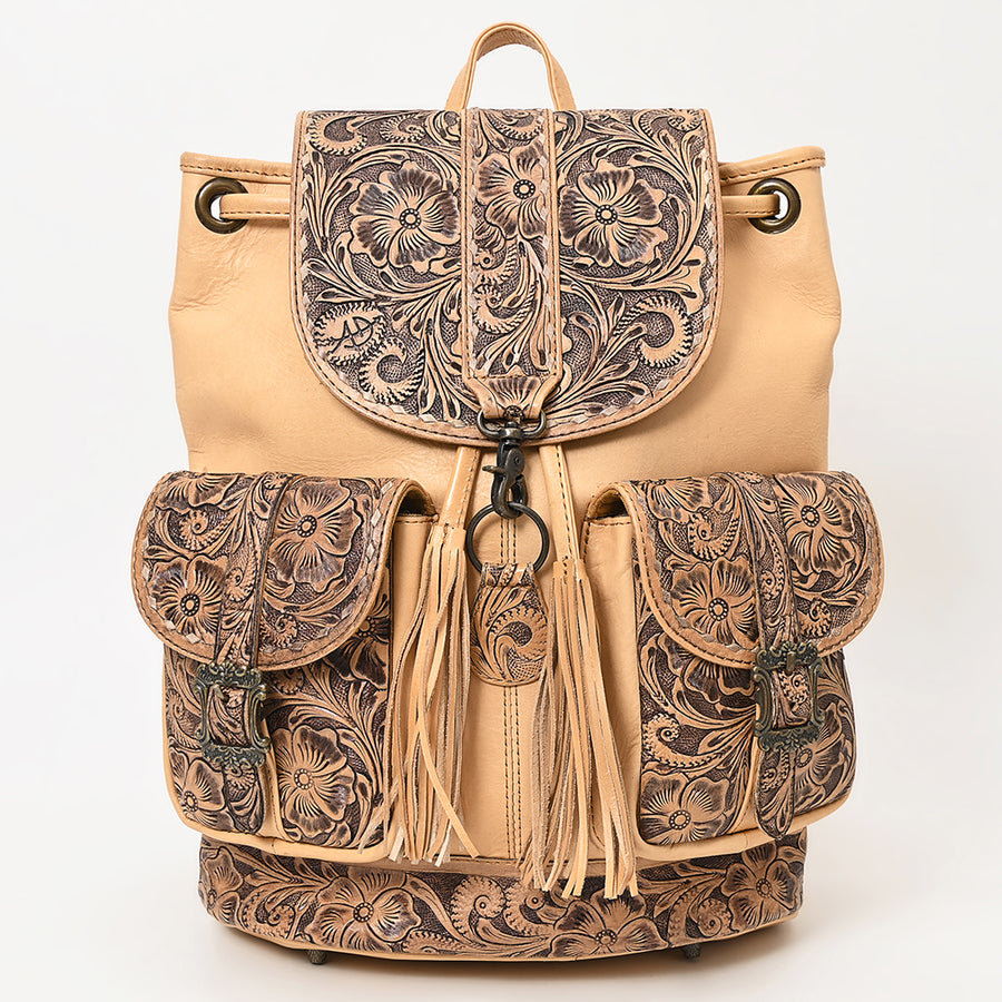 American Darling Western Backpack Handcrafted from Hand Tooled Genuine Leather | Floral Carved Flap & Dual Front Buckle Pockets