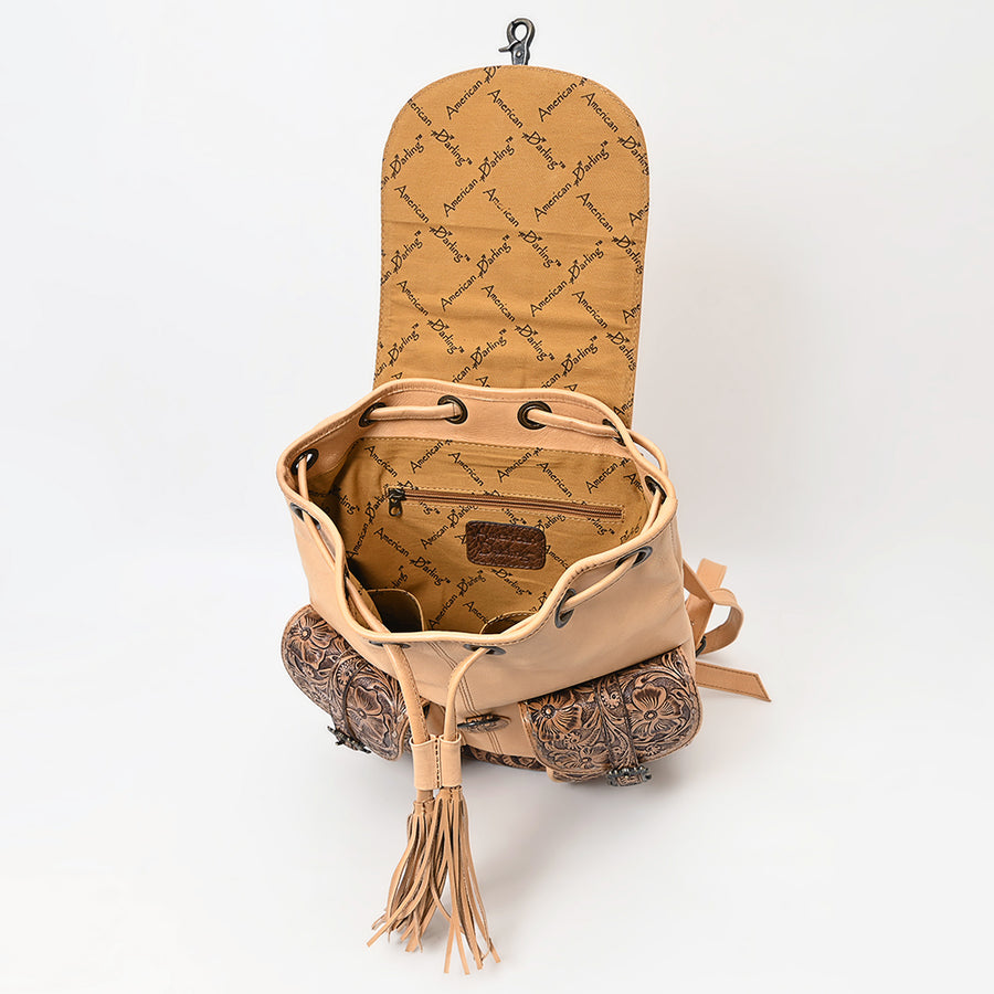 American Darling Western Backpack Handcrafted from Hand Tooled Genuine Leather | Floral Carved Flap & Dual Front Buckle Pockets