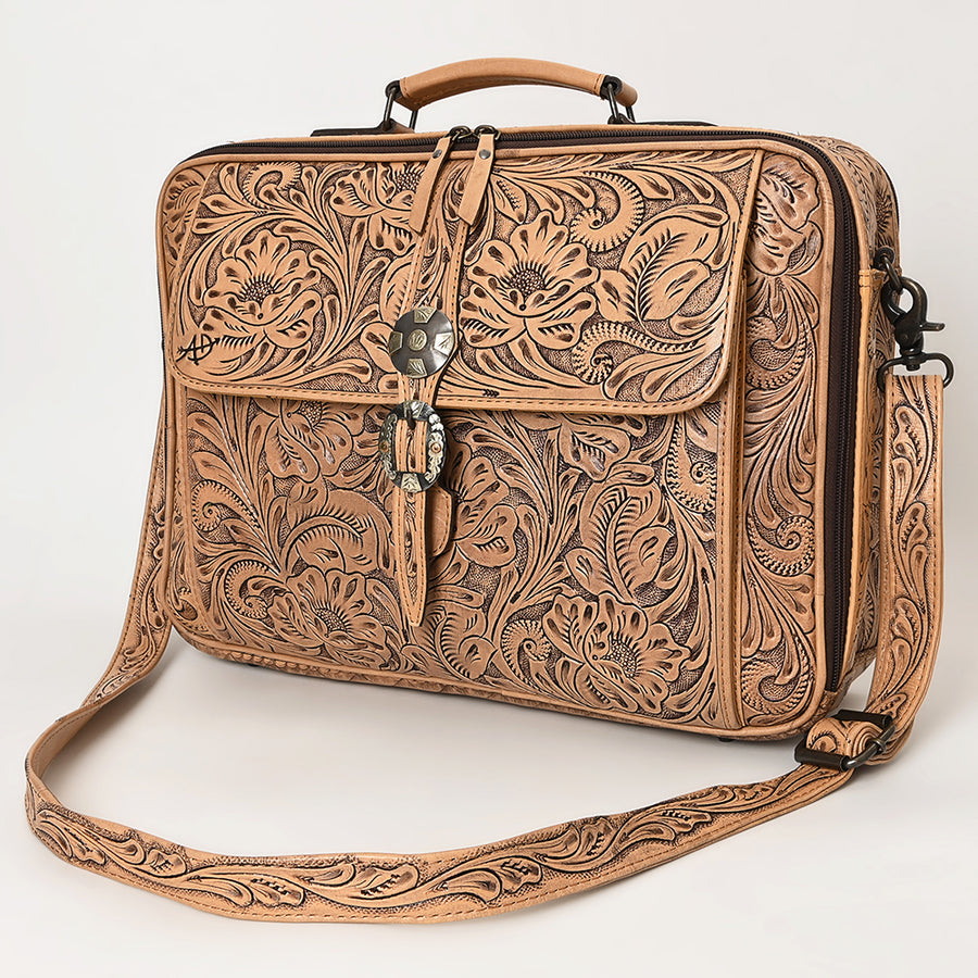 American Darling Hand Tooled Leather Briefcase | Floral Carved Laptop Bag - Uhorse