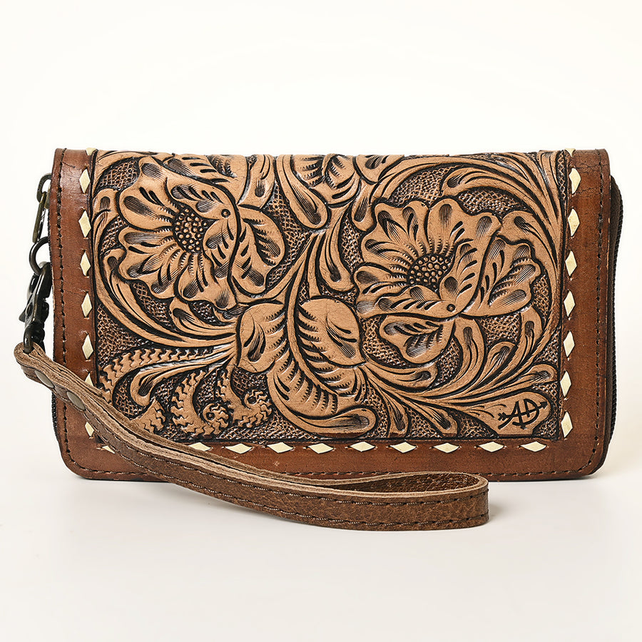 American Darling Western Wristlet Pouch Handcrafted from Tooled Genuine Leather Wallet | Floral Carved Flap & Contrast Buckstitch Detail