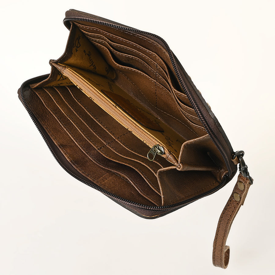 American Darling Western Wristlet Pouch Handcrafted from Tooled Genuine Leather Wallet | Floral Carved Flap & Contrast Buckstitch Detail