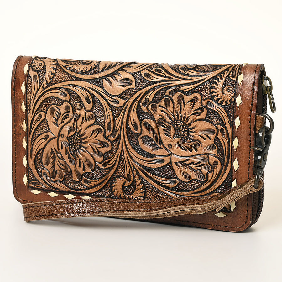 American Darling Tooled Leather Wallet | Floral Buckstitch Wristlet - Uhorse
