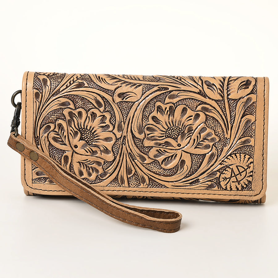 American Darling Western Trifold Wallet Handcrafted from Hand-Tooled Genuine Leather | Floral Carved Organizer with Detachable Wristlet