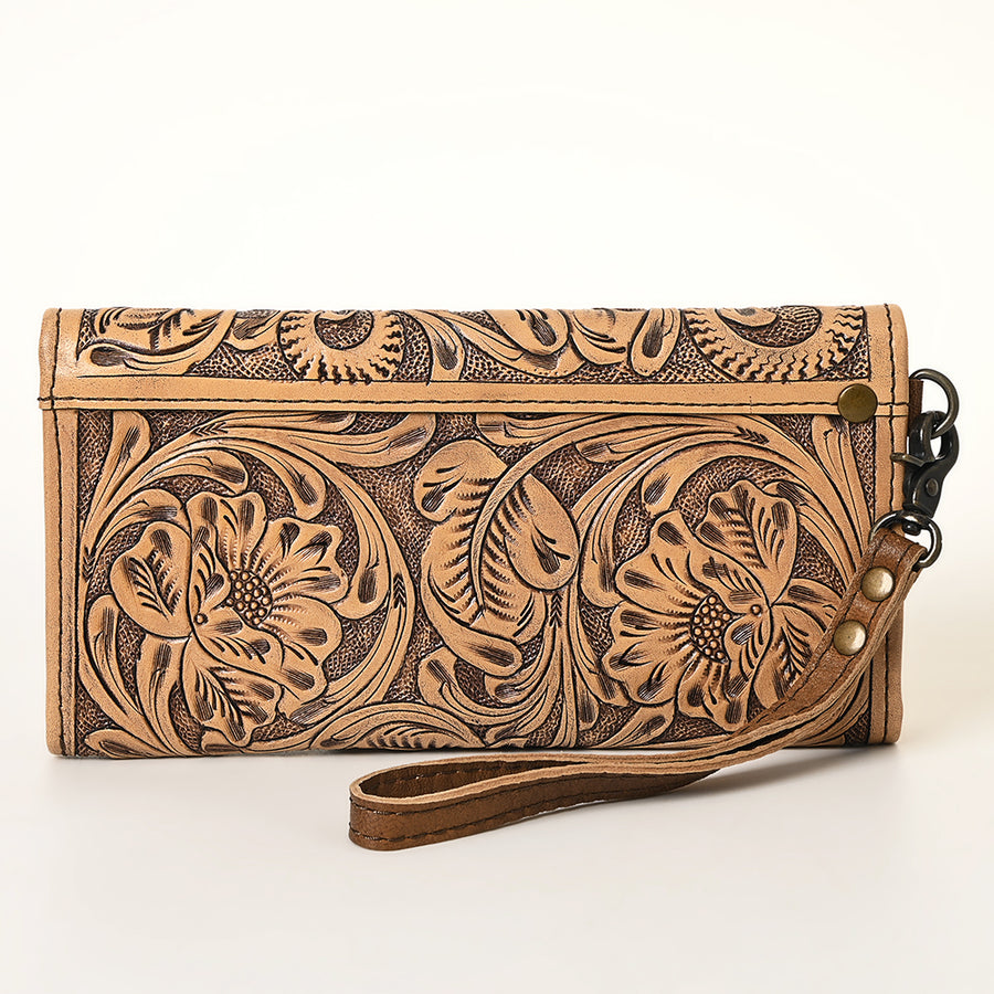 American Darling Western Trifold Wallet Handcrafted from Hand-Tooled Genuine Leather | Floral Carved Organizer with Detachable Wristlet