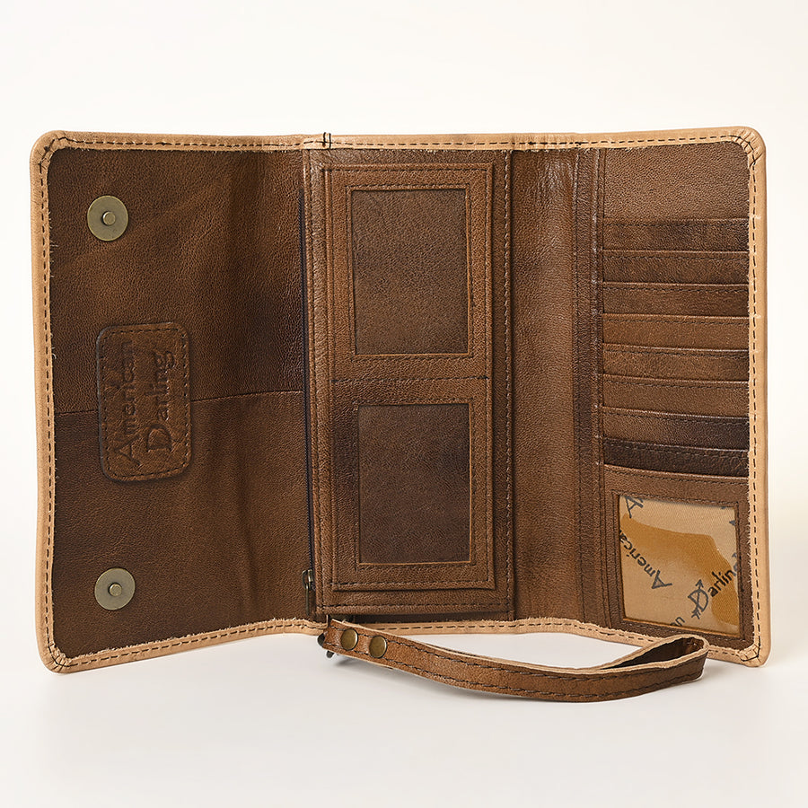 American Darling Western Trifold Wallet Handcrafted from Hand-Tooled Genuine Leather | Floral Carved Organizer with Detachable Wristlet