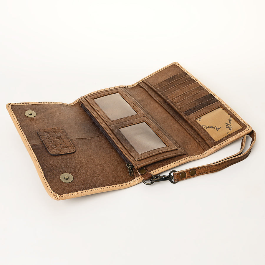 American Darling Western Trifold Wallet Handcrafted from Hand-Tooled Genuine Leather | Floral Carved Organizer with Detachable Wristlet