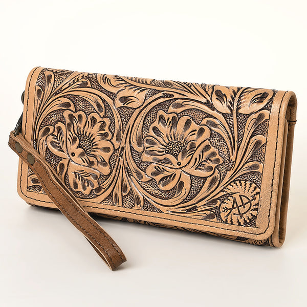 American Darling Hand-Tooled Leather Trifold Wallet | Floral Carved Wristlet - Uhorse