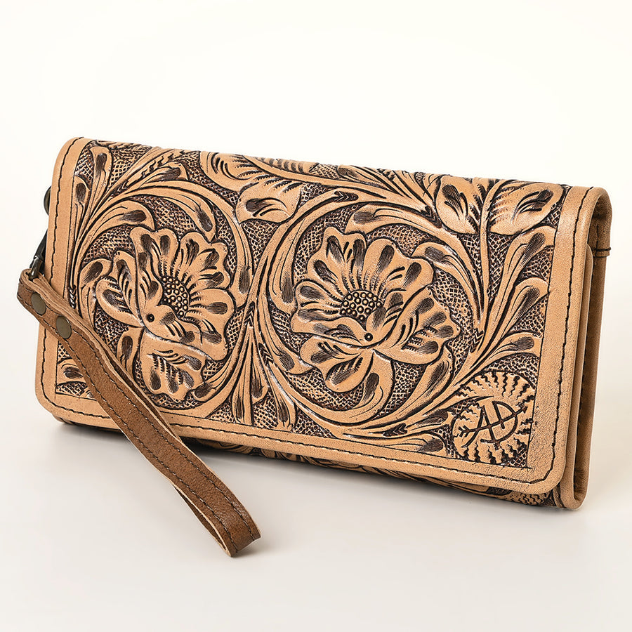 American Darling Hand-Tooled Leather Trifold Wallet | Floral Carved Wristlet - Uhorse