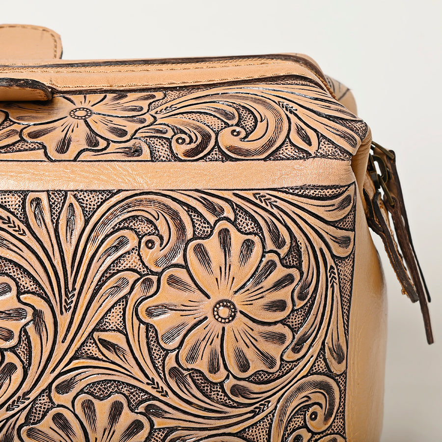 American Darling Western Hand-Tooled Leather Vanity Case Organizer | Handcrafted Travel Makeup Bag with Handle and Secure Zip Closure