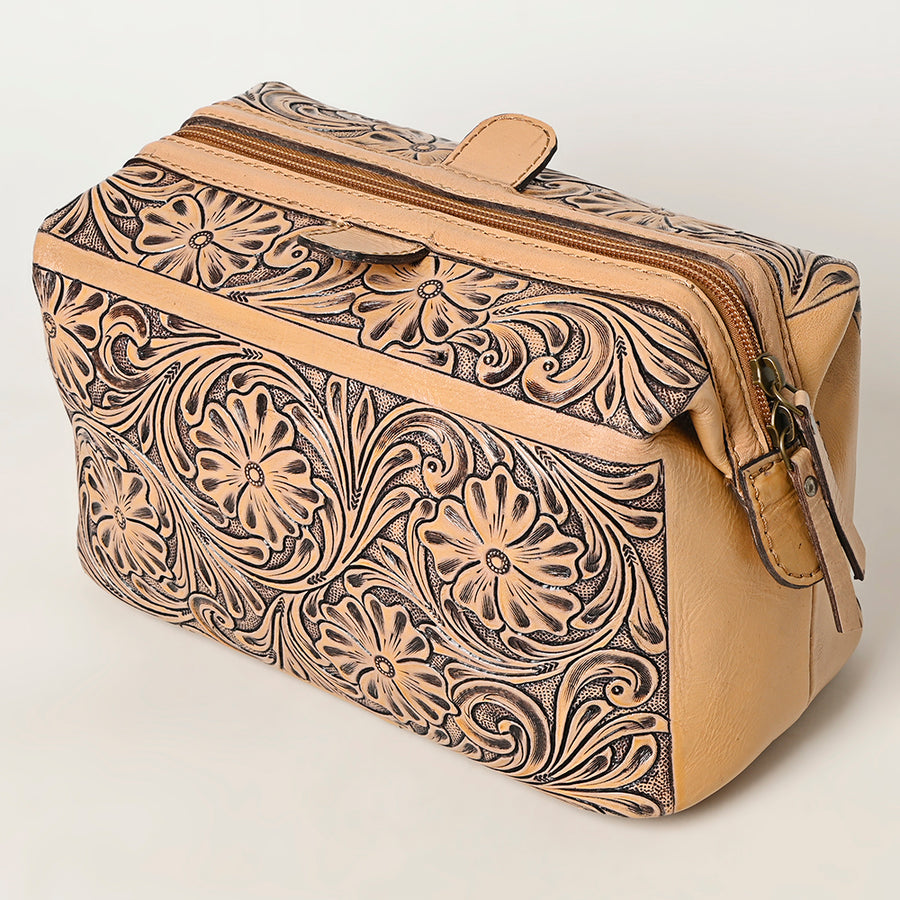American Darling Western Hand-Tooled Leather Vanity Case Organizer | Handcrafted Travel Makeup Bag with Handle and Secure Zip Closure