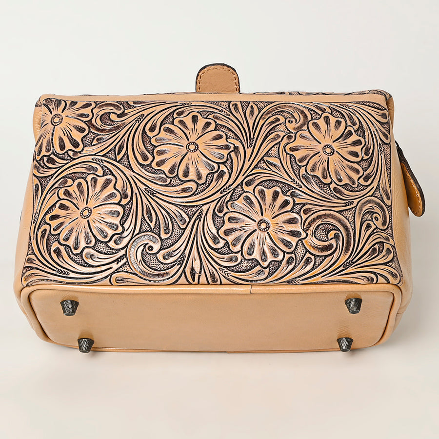 American Darling Western Hand-Tooled Leather Vanity Case Organizer | Handcrafted Travel Makeup Bag with Handle and Secure Zip Closure