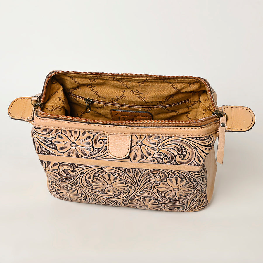 American Darling Western Hand-Tooled Leather Vanity Case Organizer | Handcrafted Travel Makeup Bag with Handle and Secure Zip Closure