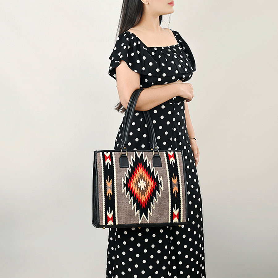 American Darling Hand Woven Saddle Blanket Tote Bag Vegetable-Tanned Genuine Leather Western Purse with YKK Zipper