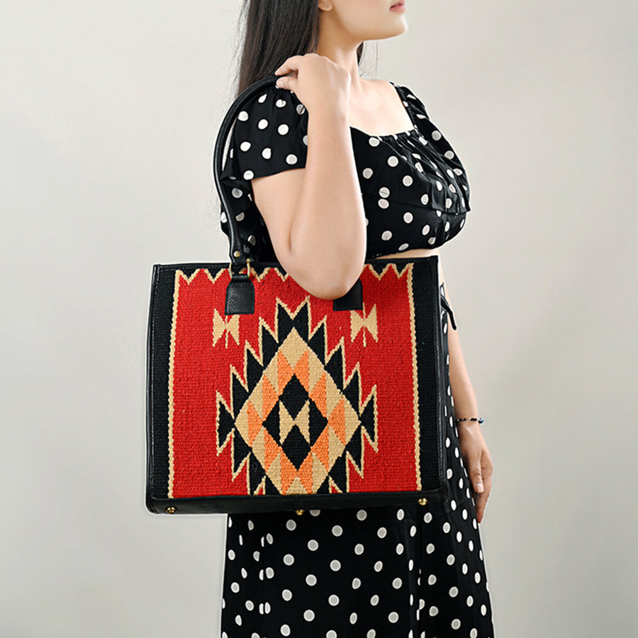American Darling Hand Woven Saddle Blanket Tote Bag Vegetable-Tanned Genuine Leather Western Purse with YKK Zipper