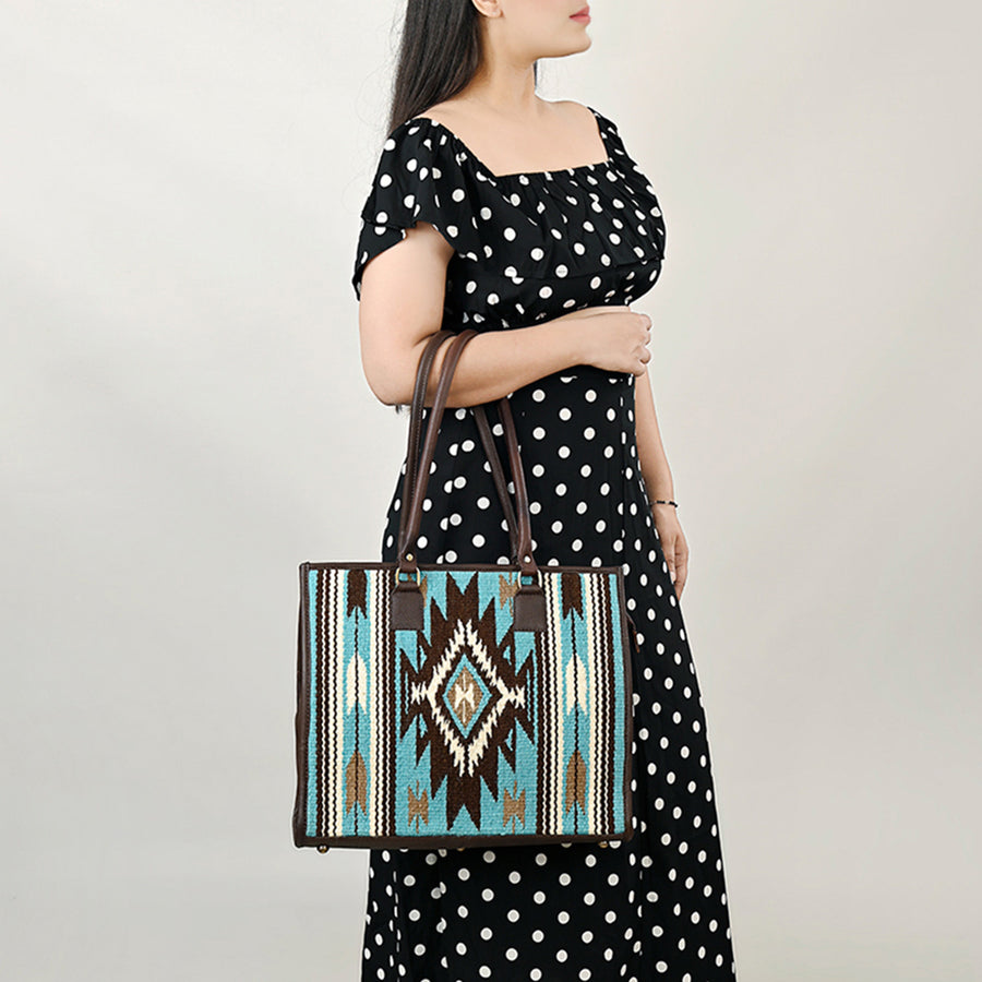American Darling Hand Woven Saddle Blanket Tote Bag Vegetable-Tanned Genuine Leather Western Purse with YKK Zipper