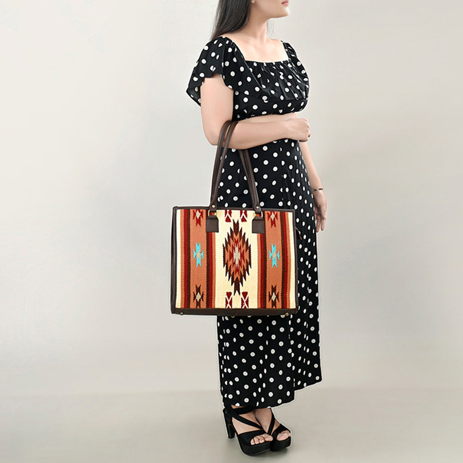 American Darling Hand Woven Saddle Blanket Tote Bag Vegetable-Tanned Genuine Leather Western Purse with YKK Zipper