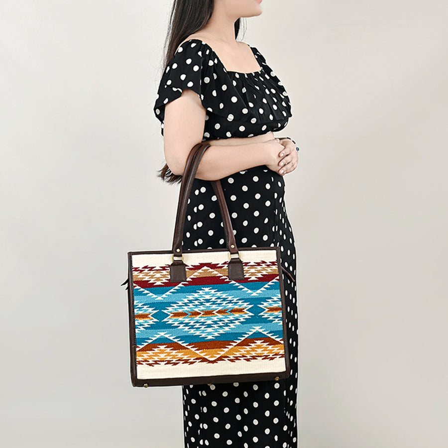 American Darling Hand Woven Saddle Blanket Tote Bag Vegetable-Tanned Genuine Leather Western Purse with YKK Zipper
