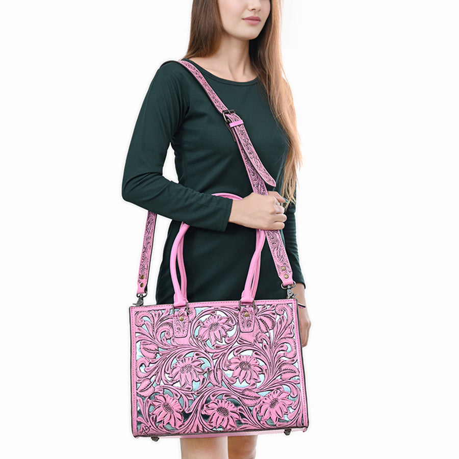 American Darling Western Tote Bag Handcrafted from Pink Hand-Tooled Genuine Leather | Floral Carved Purse with Dual Front Zip Pockets