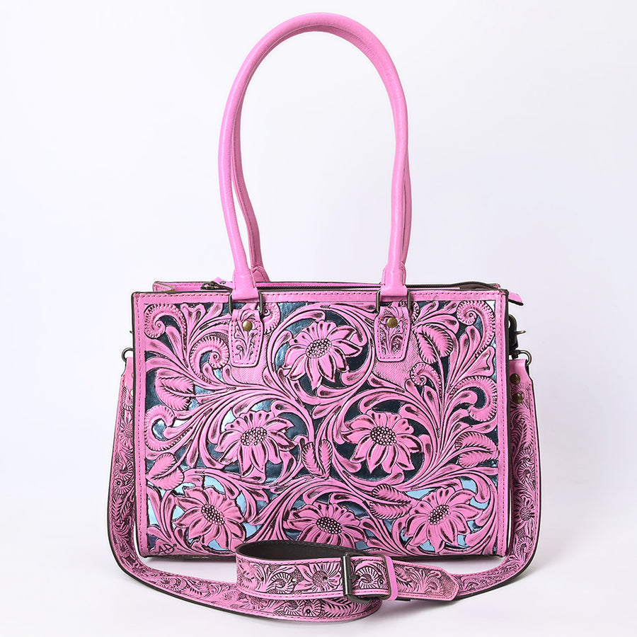 American Darling Western Tote Bag Handcrafted from Pink Hand-Tooled Genuine Leather | Floral Carved Purse with Dual Front Zip Pockets