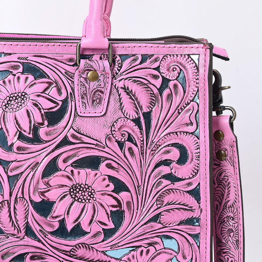 American Darling Western Tote Bag Handcrafted from Pink Hand-Tooled Genuine Leather | Floral Carved Purse with Dual Front Zip Pockets