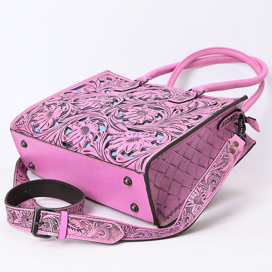 American Darling Western Tote Bag Handcrafted from Pink Hand-Tooled Genuine Leather | Floral Carved Purse with Dual Front Zip Pockets