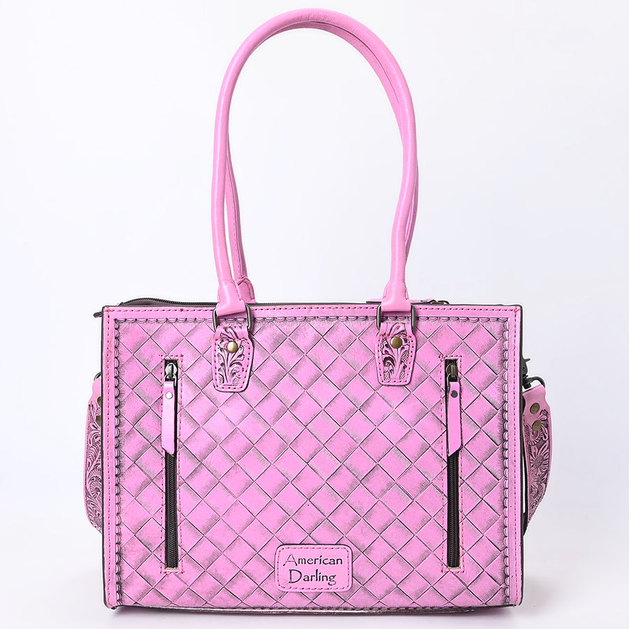 American Darling Western Tote Bag Handcrafted from Pink Hand-Tooled Genuine Leather | Floral Carved Purse with Dual Front Zip Pockets