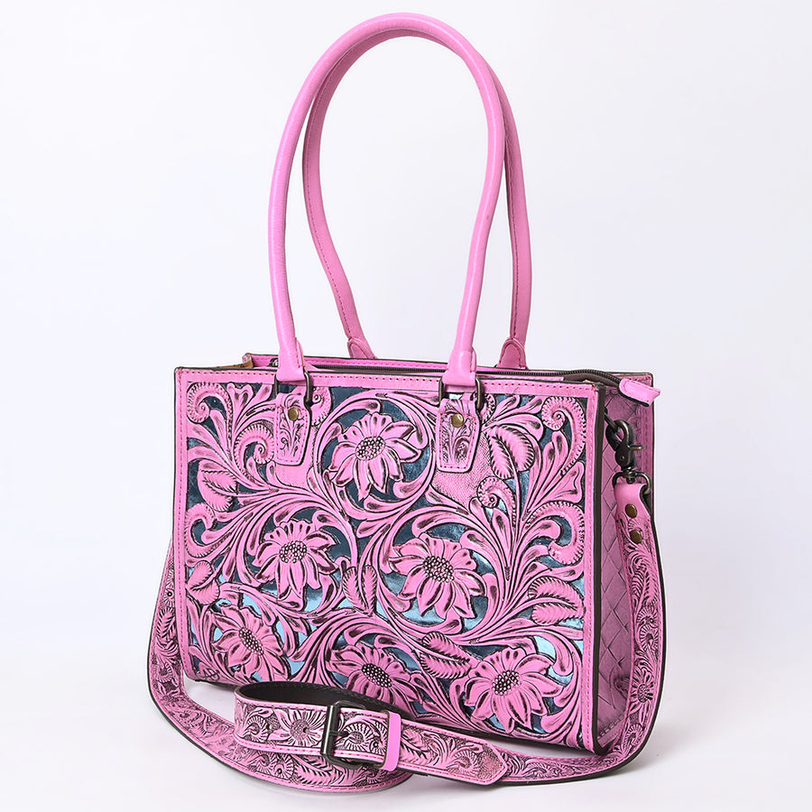 American Darling Pink Hand-Tooled Leather Tote | Floral Carved Handbag - Uhorse