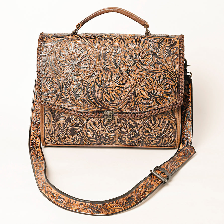 American Darling Hand-Tooled Genuine Leather Western Briefcase – Floral Carving, Durable Construction, Multi-Compartment Organizer for Work