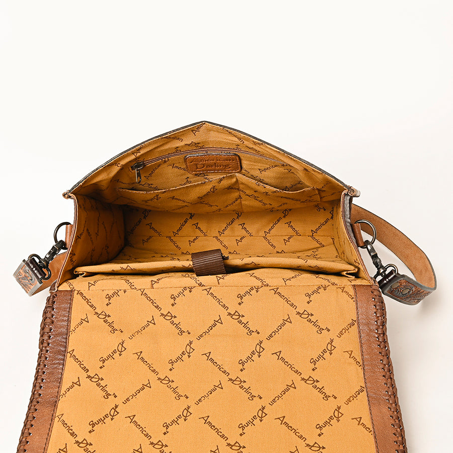 American Darling Hand-Tooled Genuine Leather Western Briefcase – Floral Carving, Durable Construction, Multi-Compartment Organizer for Work