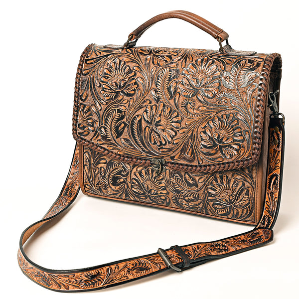 American Darling Hand-Tooled Genuine Leather Western Briefcase Bag with Floral Carving - Uhorse