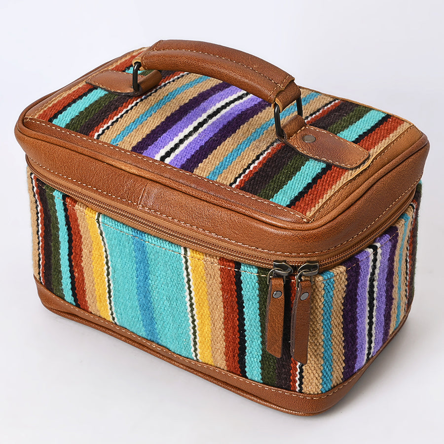 Black and cream geometric patterned leather cosmetic case with handle - Uhorse