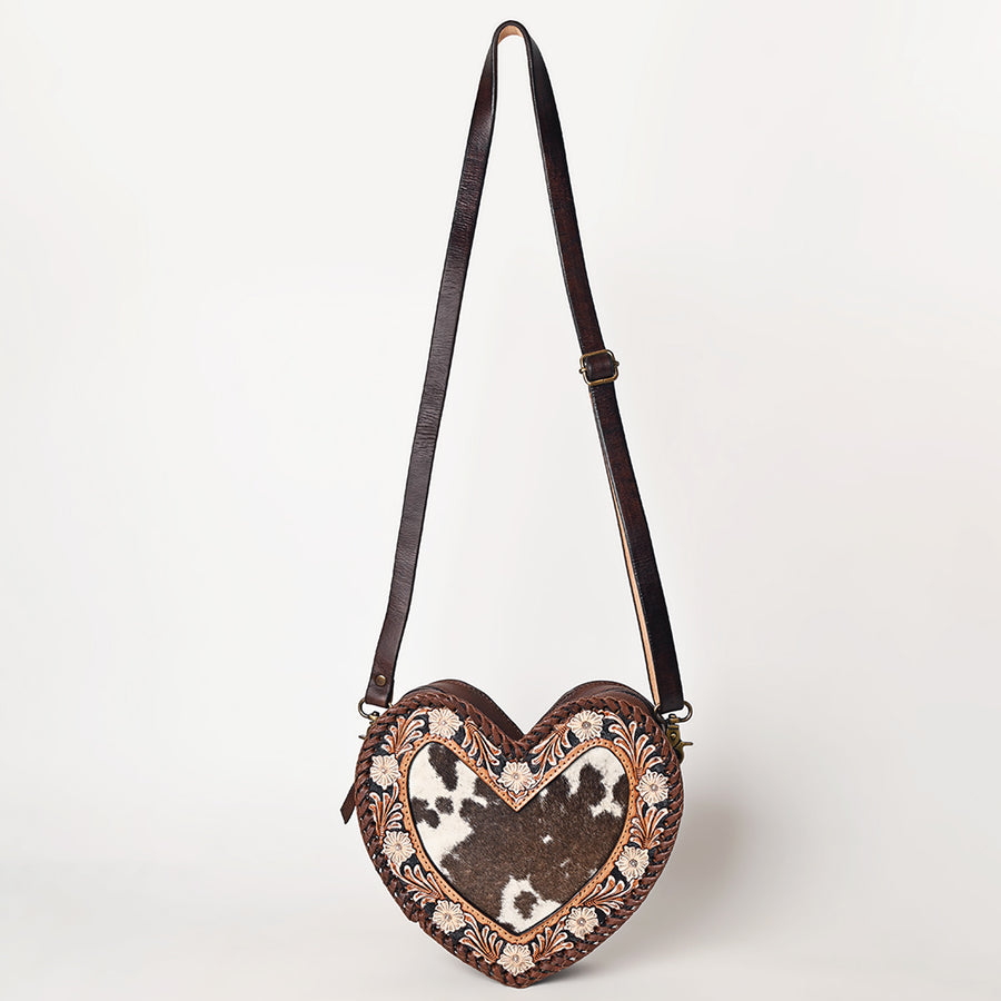 American Darling Hair-On Cowhide Hand Tooled Floral Carved Canteen Bag Braided Western Genuine Leather Crossbody YKK Zipper