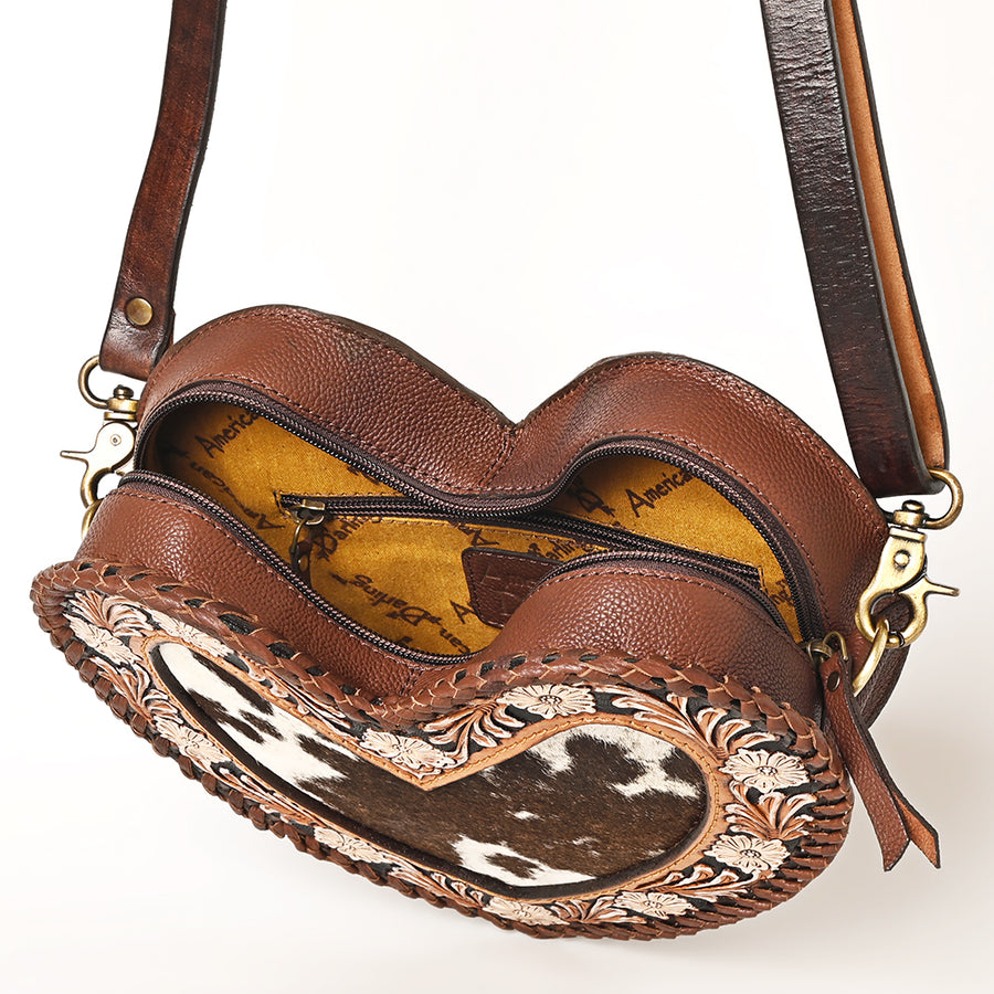 American Darling Hair-On Cowhide Hand Tooled Floral Carved Canteen Bag Braided Western Genuine Leather Crossbody YKK Zipper