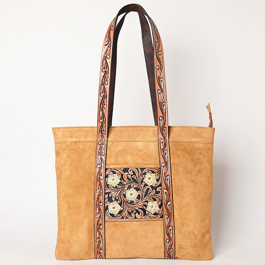 American Darling Suede Leather Hand Tooled Floral Carved Tote Bag Eco-Friendly Vegetable-Tanned Genuine Leather Western Purse YKK Zipper