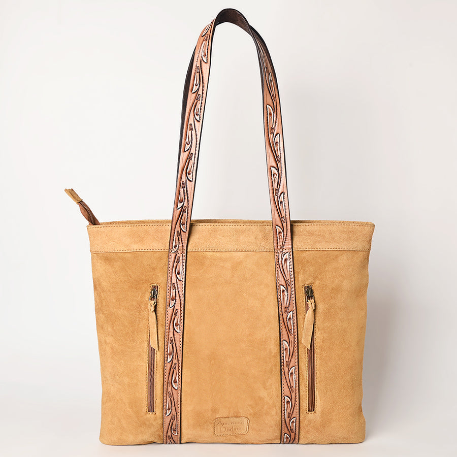 American Darling Suede Leather Hand Tooled Floral Carved Tote Bag Eco-Friendly Vegetable-Tanned Genuine Leather Western Purse YKK Zipper