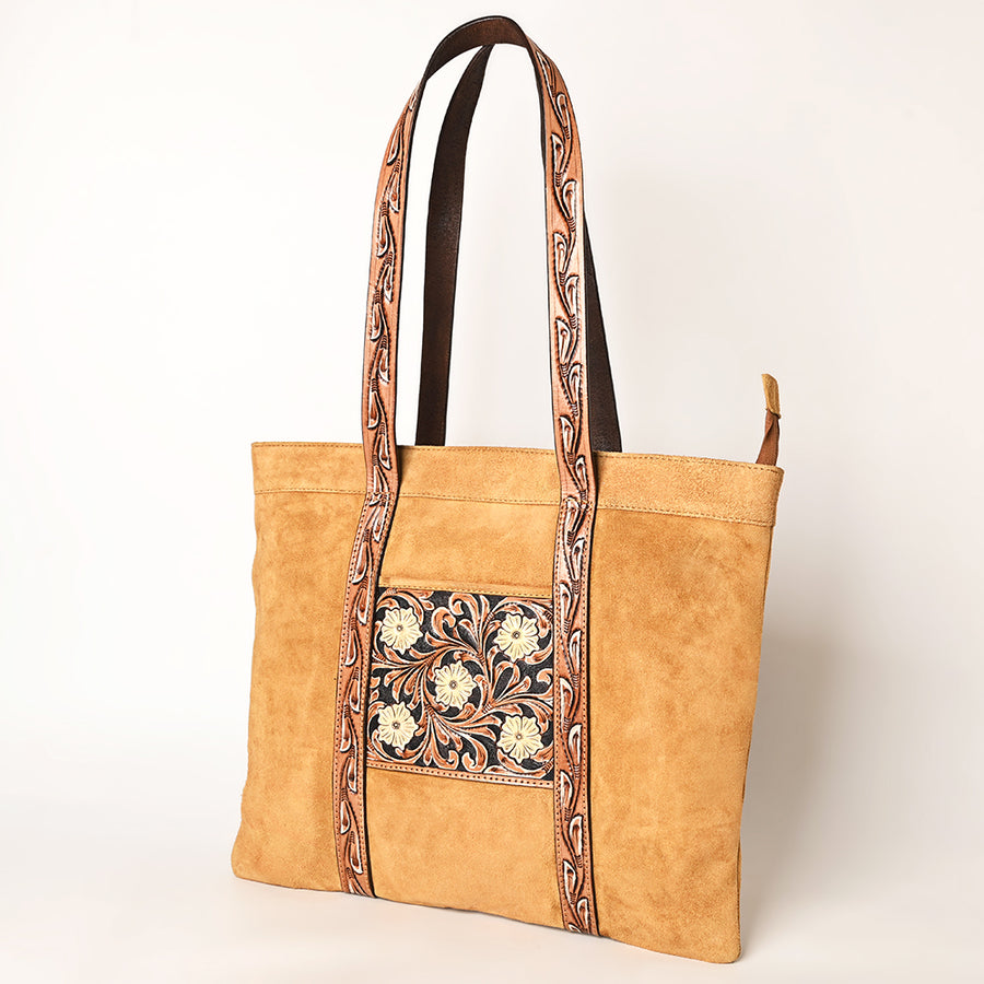 American Darling Genuine Suede Leather Hand Tooled Floral Carved Tote Bag Western Purse - Uhorse
