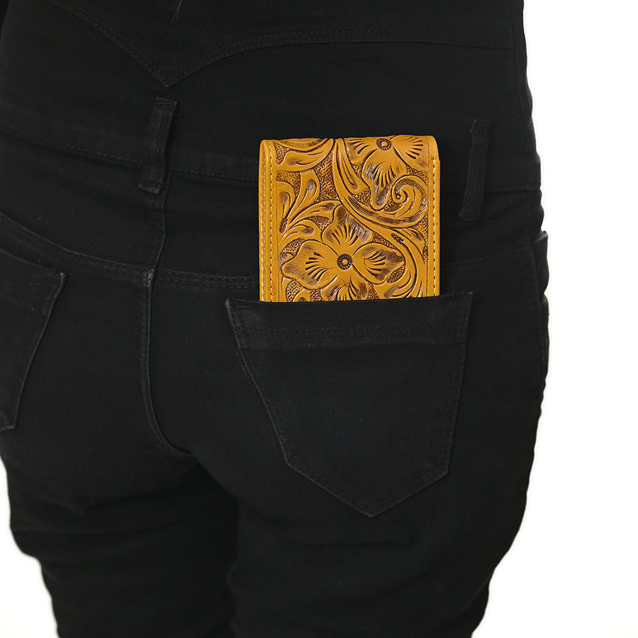 American Darling Western Bifold Wallet Handcrafted from Tooled Genuine Leather | Floral Carved Design with Multiple Card Slots