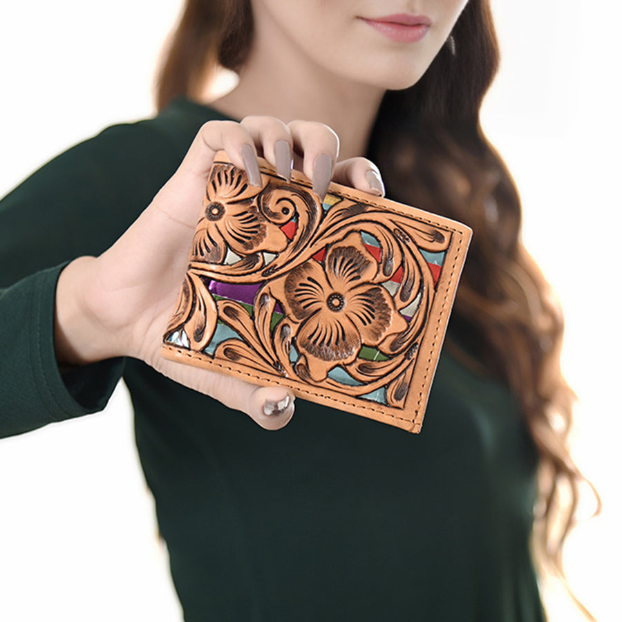 American Darling Western Bifold Wallet Handcrafted from Tooled Genuine Leather | Floral Carved Design with Multiple Card Slots