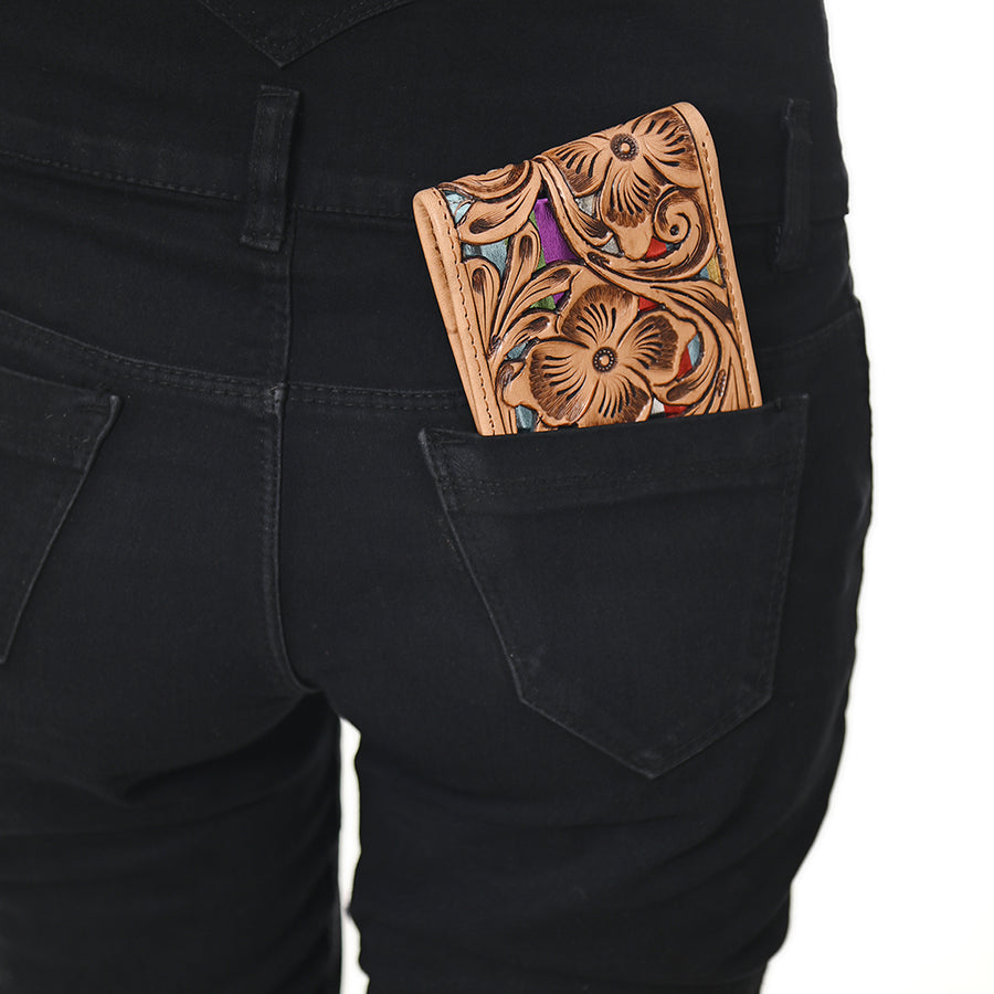 American Darling Western Bifold Wallet Handcrafted from Tooled Genuine Leather | Floral Carved Design with Multiple Card Slots