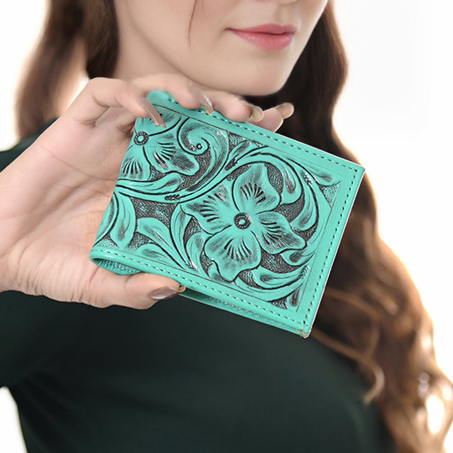 American Darling Western Bifold Wallet Handcrafted from Tooled Genuine Leather | Floral Carved Design with Multiple Card Slots
