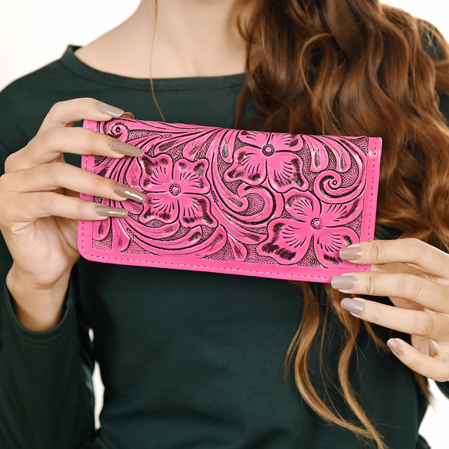 American Darling Hand-Tooled Genuine Leather Wallet Handbag – Floral Carved Western Women’s Wallet with Card Slots & Bill Compartments