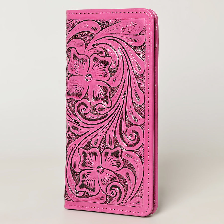 American Darling Pink Tooled Leather Wallet | Floral Carved Bifold - Uhorse
