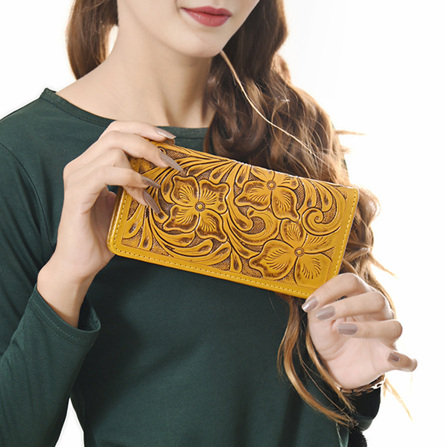 American Darling Hand-Tooled Genuine Leather Wallet Handbag – Floral Carved Western Women’s Wallet with Card Slots & Bill Compartments